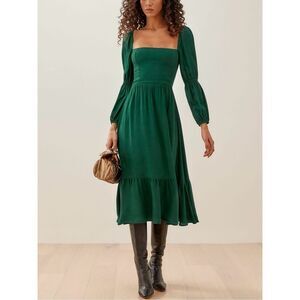 Reformation Women's Smocked Ruffle Square-Neck Midi Mica Dress In Emerald Size 8